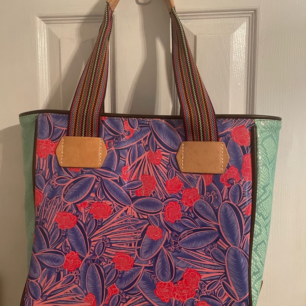 Consuela Red and Purple Reversible Tote Bag with Floral Design